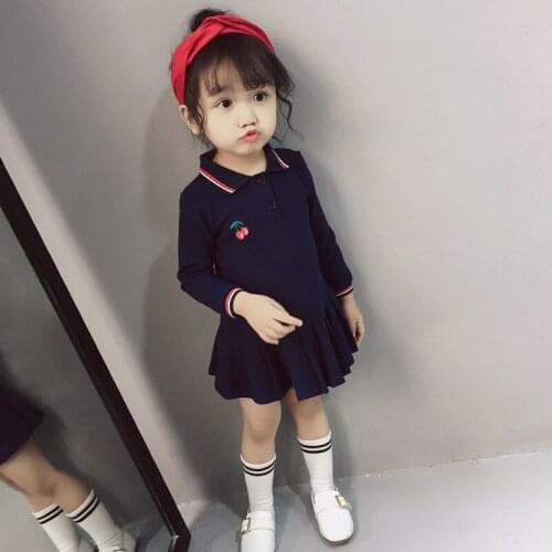 Toddler Dresses 2019 Autumn Girls Long Sleeve Cherry Embroidery Pleated Casual Party Dress Children Cotton Dress 2-7Yrs Costumes