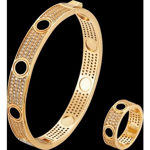 Luxury Bangle and rings womens jewelry set lovely zirconium micro-inlaid black paint screw pattern classic fashion jewelry