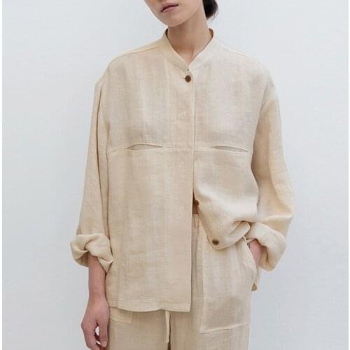 Pure linen shirt womens 2021 spring new loose and versatile literary stand collar cotton linen Shirts 0907-2