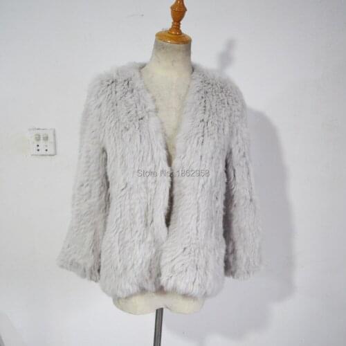 SJ412 Light Gray Women 1*1 Thick Knit Top Quality Hand Made Promotional Rabbit Fur Jackets