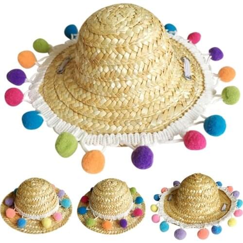 Pet Straw Hat Colorful Pompom Dog Cat Mexican Straw Sombrero Cap Pet Adjustable Handcrafted Summer Cap Visor Party Hat