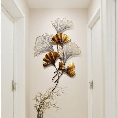 Modern Wrought Iron Luxury Wall Hanging Ginkgo Crafts Decoration Home Livingroom Sofa Background Wall Sticker Mural Accessories