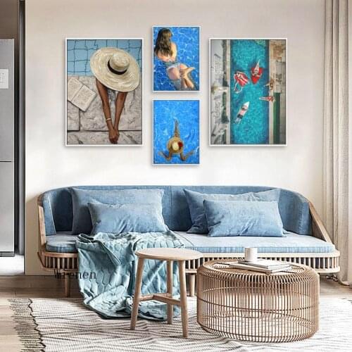 Modern Sexy Bikini Woman Poster and Print Blue Swimming Pool Fashion Beauty Wall Art Canvas Painting for Living Room Home Decor