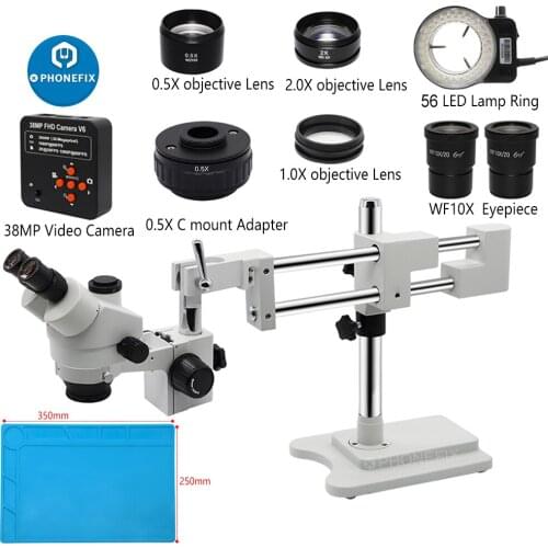 3.5X-90X Zoom Simul Focal Double Arm Boom Trinocular Stereo Microscope + 38MP VGA HDMI USB Digital Camera +56 Led Ring Lights