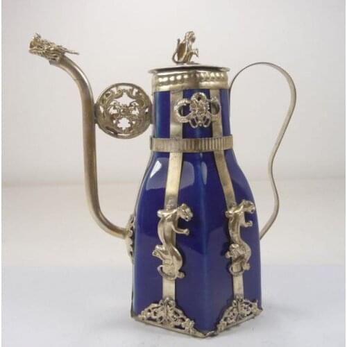 Oriental Vintage Handwork Silver Porcelain Dragon Monkey Teapot