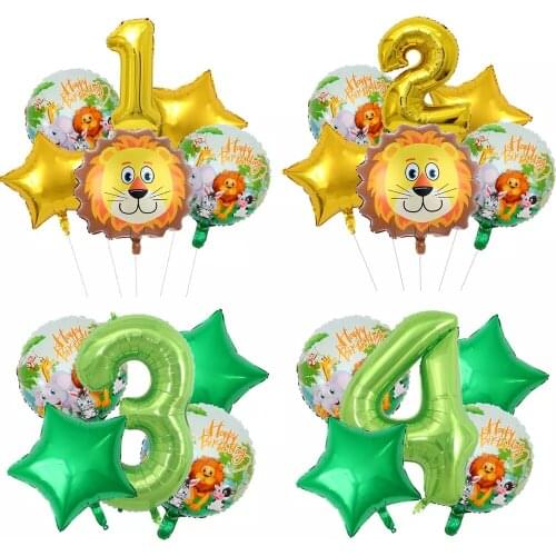6pcs/Lot Animal Balloons Safari Jungle Theme Party 1 2 3 4 5 6 7 8 9Birthday Party Decorations Kids Lion Head Helium Air Balloon