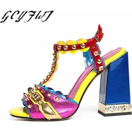 Women Sandals Buckle Retro Style Rivet T-shaped Open Toe Thick Heel Female Shoes Summer Fish Mouth Mixed Colors Zapatillas Mujer