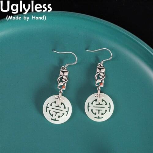 Uglyless Longevity Symbols China Chic Ethnic Earrings for Women Hollow Natural Jade Medals Earrings 925 Silver Leaves Brincos