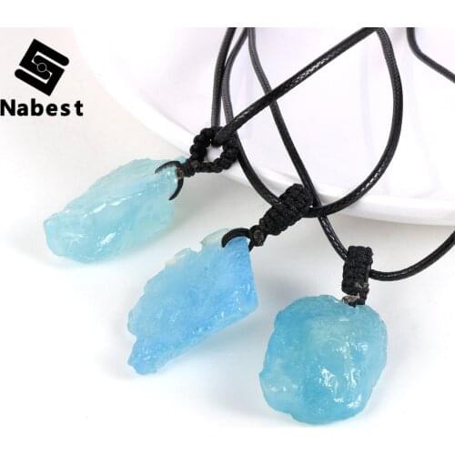 Women Men Natural Ocean Blue Aquamarines Pendant Necklace Gem Stone Adjustable Waxed Rope Sweater Chain Jewelry Valentines Gift