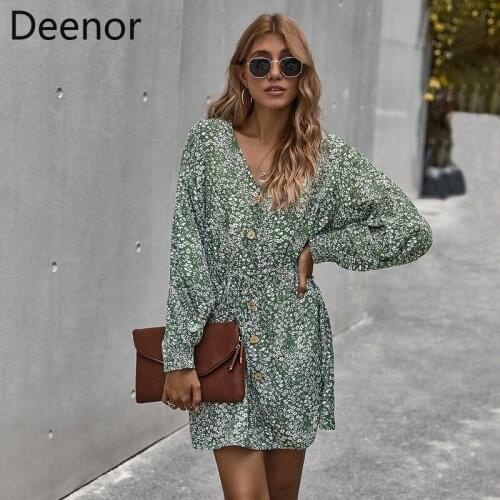 Deenor Floral Print V Neck Women Dress Button Long Sleeve A-line Dress Loose Lace Up Holiday Spring Summer Midi Dress Ladies