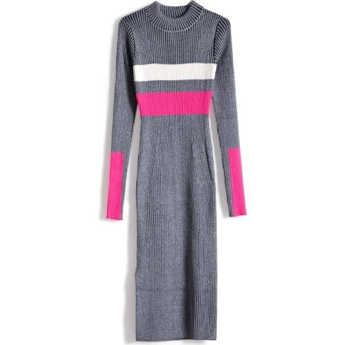 2020 Promotion Dress Top Fashion Vadim Autumn And Cashmere Knit Waist Long Slits Striped Color Matching Sexy Bag Hip Woman