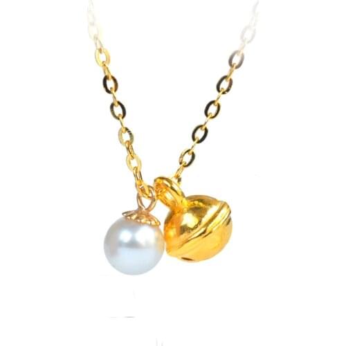 ZHIXI Real 24K 999 Gold Fine Jewelry Necklace Bell And Natural Pearl Pendant Pure 18K AU750 Chain Wedding Gift for Women D573