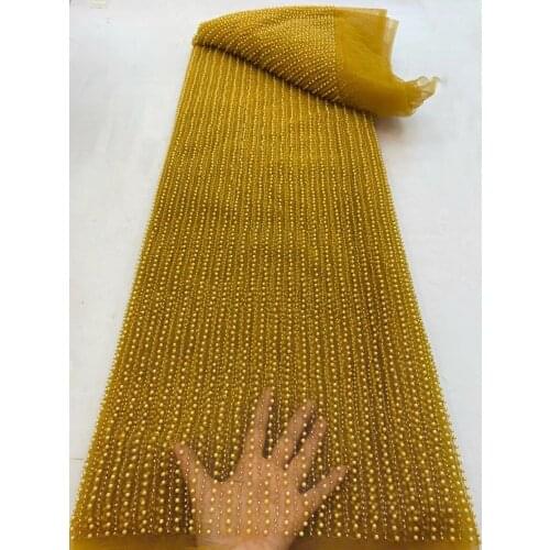 5yards/pc) High quality gold African beads tulle lace fabric embroidered French net lace for wedding party dress FRX057