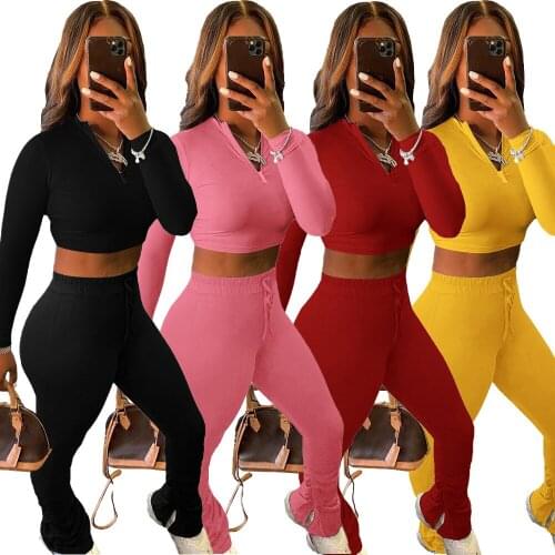 7DN8531 Autumn Winter Women Outdoor Casual Home Sexy Navel Pleated Split Two Piece Set Top and Pants Tracksuit Sweatsuit Outfits