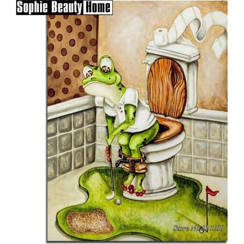5D DIY Diamond Painting Frog Play Golf In Toilet Full Drill Mosaic Rhinestone Cross Stitch Kits Handmade Embroider Crafts 061206