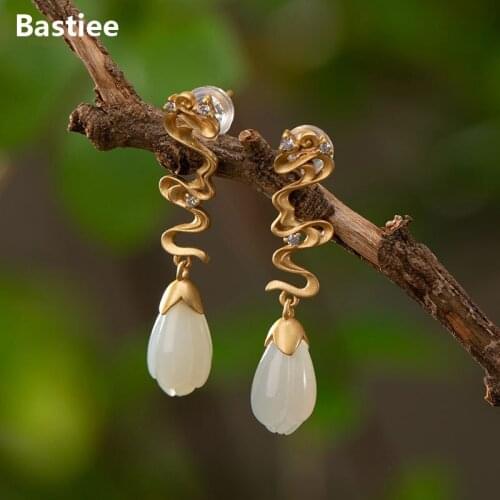 Bastiee 925 Sterling Silver Drop Earrings For Women Dangle Jewelry Gold Plated Jade Zircon Magnolia Flower Earings