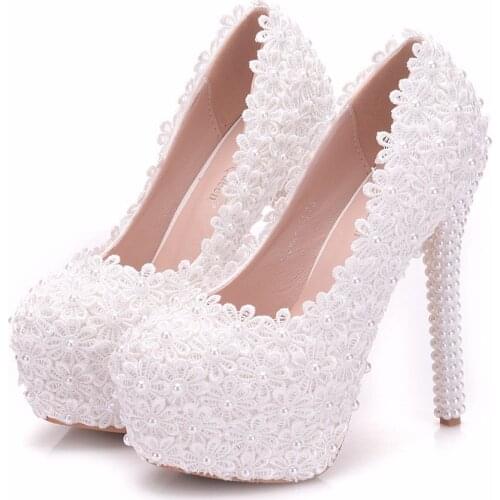 White lace high-heeled shoes foreign trade wedding shoes lace pearl large size thin heel waterproof platform shoes
