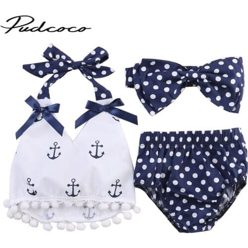 Rompers Clothes Sets Anchors Bow Top+Polka Dot Briefs+Head band 3pcs Sleeveless Outfits Set Summer Fashion Baby Girls