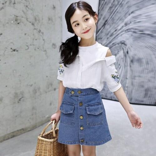 Girls Clothes Sets Summer Girls Embroidery Tops+Denim Skirt Suits Kids Outfits Teen Children Clothing Set 4 6 8 10 12 Years