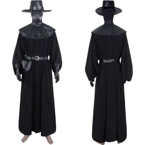 Plague Doctor Cosplay Costume Steampunk Black Robe Medieval Uniform Hat Full Set Halloween Carnival Costume