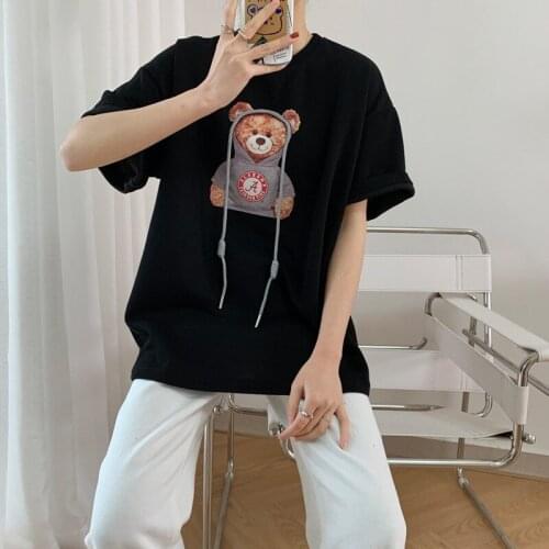 LMQ NEW 2021 Summer Cute Cartoon Bear Print T-Shirt Female Short Sleeved Design Korean Round Neck Loose Bottoming Tops