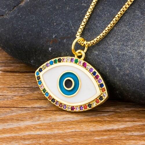 Fashion Evil Eye CZ Necklace Long Sweater Chain Rainbow Crystal Pendant Statement Zirconia Jewelry Choker Necklace For Women