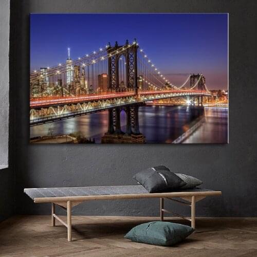 Modern New York Manhattan Bridge Night View Landscape Posters Canvas Paintings Wall Art Pictures Living Room Wall Art Print