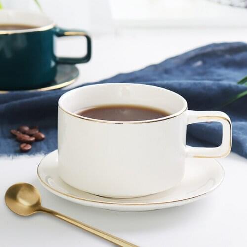 Modern Ceramic Coffee Cup Set Saucer Spoon Simple White Small Cute Tea Cup Set Gold Rim Vintage Tazas De Cafe Drinkware EB50BD