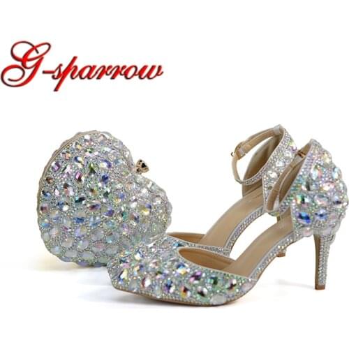 Pointed Toe Bride Wedding Shoes with Matching Bag Blingbling AB Crystal Bridal Dress Shoes 3 Inches Mother of the Bride Shoes