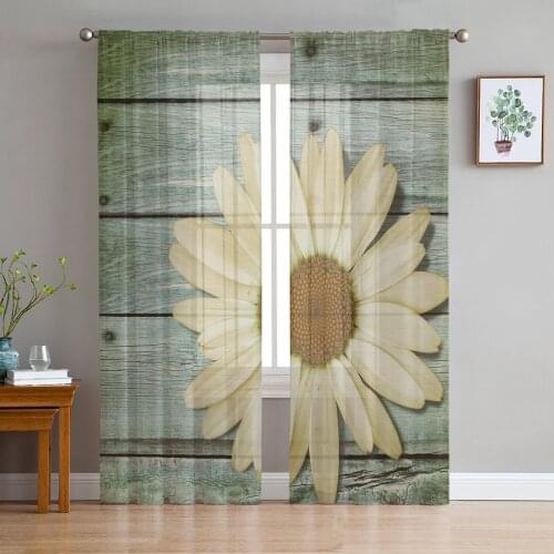 Vintage Wood Grain Daisy Screens Voile Tulle Sheer Curtains for Bedroom Living Room Kitchen Decor Chiffon Windows Curtain