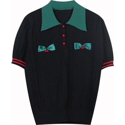 Ladies T-Shirt Rollneck Short-Sleeved Knitted Contrast Shirt Hollow Beaded Bowknot Loose Thin Ladies Blouse 2021 Summer New