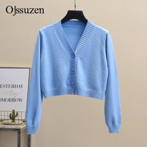 Womens Cropped Cardigan Sweaters Female With Button Black White Short Sweater V Neck Long Sleeve Sweater Women Knitted Cardigan