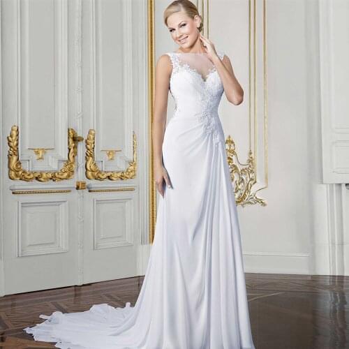 Sexy Sheer High Neck Pleated Mermaid Wedding Dresses with White Lace Appliques Off Shoulder Buttons Back Sweep Train Bride Gown