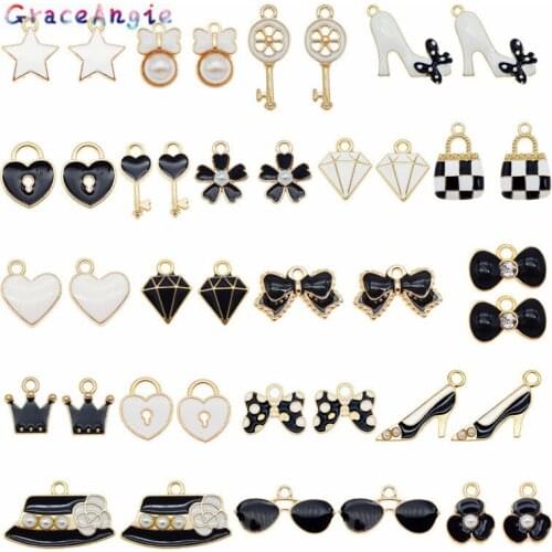 20pcs/pack Mix Black Wjite Charms Bow Heart Bag key crown star sunglass hat flower highheel shoes alloy pendant diy Earrings TOP