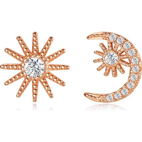 Asymmetrical Sun Moon Bling Cubic Zirconia 925 Sterling Silver Stud Earrings For Women Dainty Creative Jewelry Wholesale