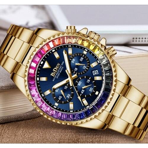 Automatic Date Mens Watches Full Stainless Steel Rainbow Diamonds Multifunctional Chronograph Quartz Watch Top Luxury AAA Clocks
