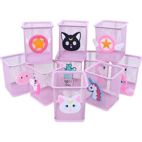 1pc Pink Metal Pen Holder Office Organizer Cosmetic Square Pencil Pen Stand Holders Stationery Container Office School Supplies