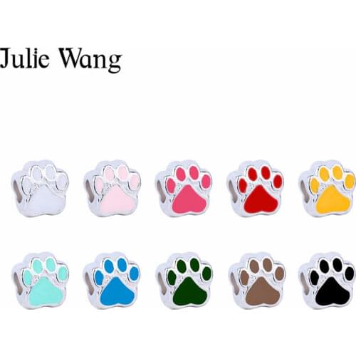 Julie Wang 10PCS Enamel Paw Print Beads Multi-color Pet Dog Cat Alloy Spacer Beads European Bracelet Jewelry Making Accessory