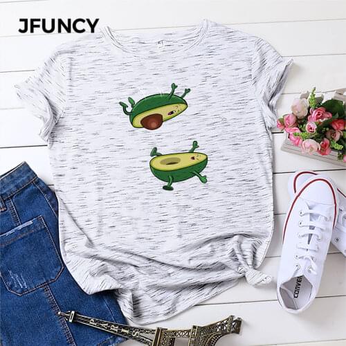 JFUNCY Plus Size Women T Shirt Funny AVOCADO Printed Short Sleeve Summer Cotton T-Shirt Female Tops Oversize Woman Casual Tshirt