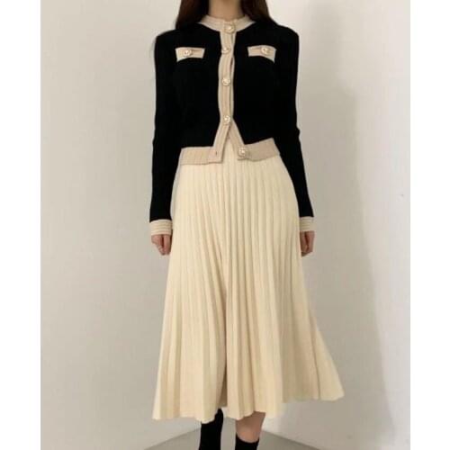 Korean Chic Vintage Knitted 2 Piece Set Women Crop Top Pearl Buttons Sweater Cardigan + Pleated Long Skirt Suit Two Piece Set