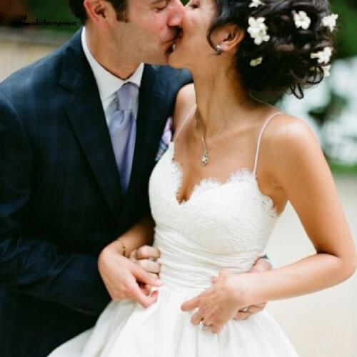 Lakshmigown White Satin Wedding Dress Spaghetti Straps 2020 Vestido Noiva Princesa Sexy Bridal Wedding Gowns Lace Top