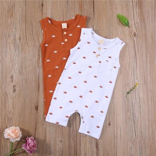 Summer Newborn Baby Boys Girls Sleeveless Romper Baby Sun Print Round Neck Button Romper with Pocket Casual Cotton Outfits