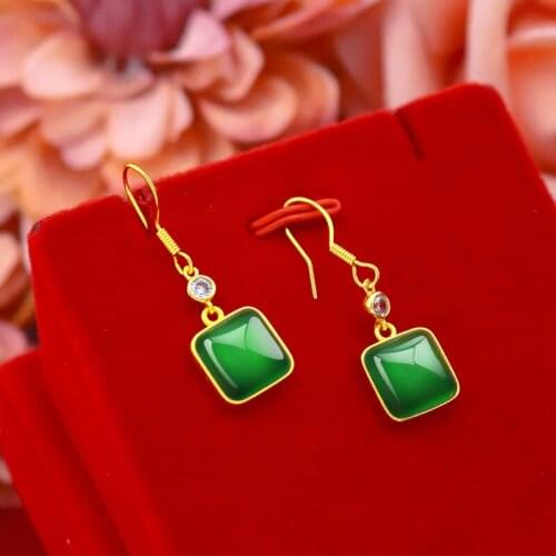 Fashion Women Earrings 14K Gold Drop Earring Classic Agate Stone Gemstone Earrings Green Emerald Jade Earrings Jewelry Female