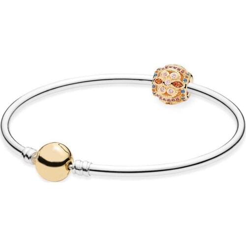 NEW 925 Sterling silver 14ct Gold color Colour Fresco Bangle Set Clear CZ fit DIY Original charm Bracelets jewelry A Set