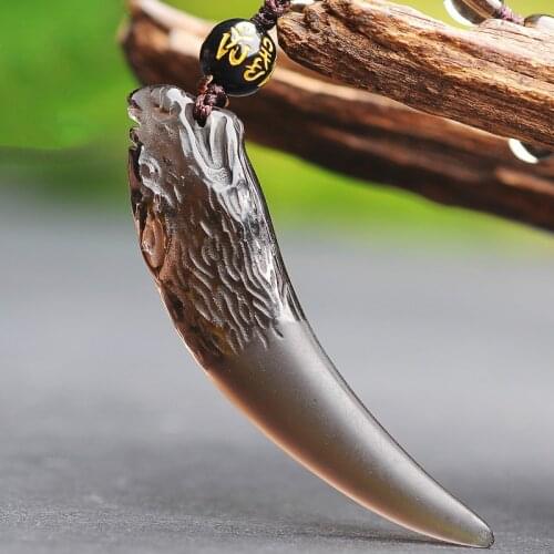 Natural Ice Obsidian Wolf Tooth Jade Pendant Necklace Chinese Carved Charm Jewelry Fashion Amulet Accessories for Men Women Gift