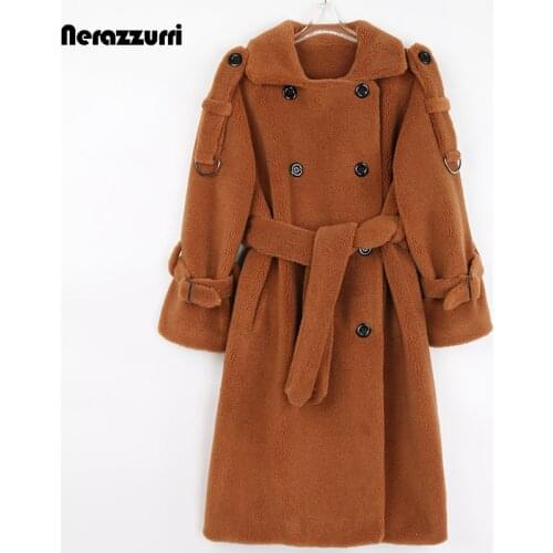Nerazzurri Winter Long Thick Warm Wool Blends Trench Coat for Women Raglan Sleeve Belt Double Breasted British Style Fashion