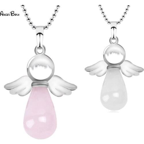 New Fashion Angel Wings Pendant Necklace Pink Blue White Natural Stone Angels Round Drop-Shaped Pendants for Female Jewelry Gift