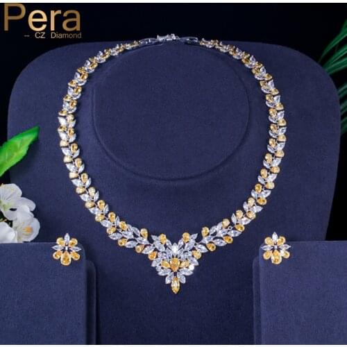 Pera CZ Luxury Women Wedding Yellow And White Stone Jewelry Accessories For Brides Big Leaf Shape Necklace And Earrings Set J167