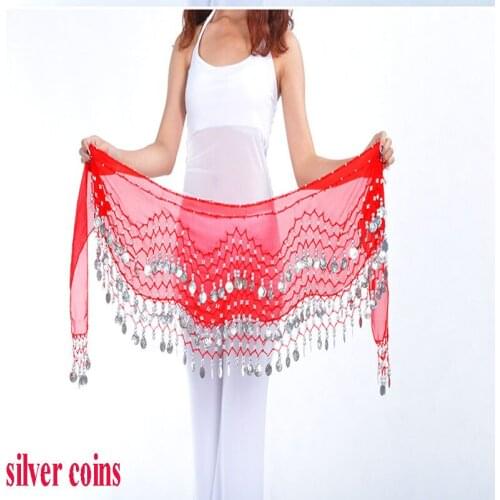 Wholesale Cheap Belly Dance Hip Scarf Sexy Belly Dancing Belt Waist Chain chiffon hip Scarves 13 colors silver coins