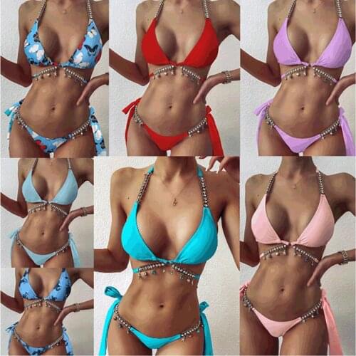 2021 Split Swimsuit Crystal Diamond Strap Beach Sexy Woman High Waist Quick-drying Bikini Mini Open-back Swimsuit Set